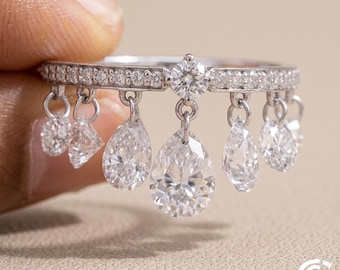 Moissanite Fringe Ring, Pear Shaped Dangling Charms, 7 Dangle Drops, 14K Yellow Gold Statement Ring, Engagement Ring