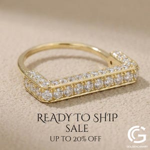 D-Shape Diamond Stirrup Ring in  14K Gold Plated S 925 Sterling Silver Solitaire Ring Unique Geometric Rectangle Bar Ring  Wedding Band