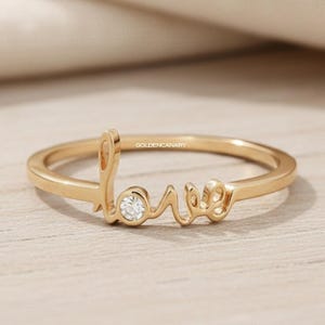 14K Gold Love Script Ring with Diamond Accent, Dainty Cursive Name Ring, Minimalist Promise Ring for Her, Valentine's Day Gift