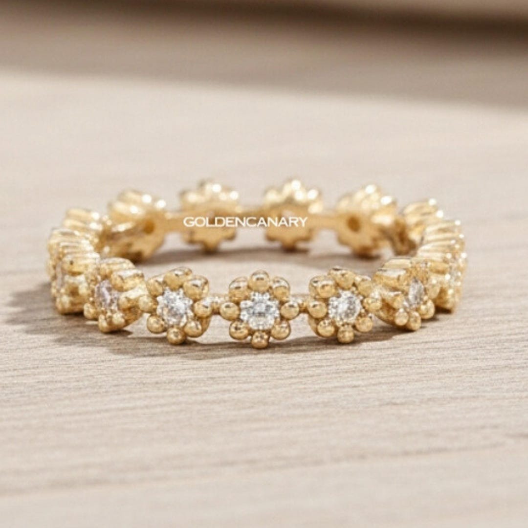 Handmade Floral Diamond Eternity Band 14K Gold Daisy Flower Ring Dainty ...