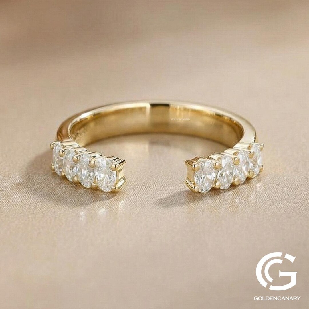 Gold Gap Band Open Wedding Band Oval Cut Wedding Ring Moissanite ...