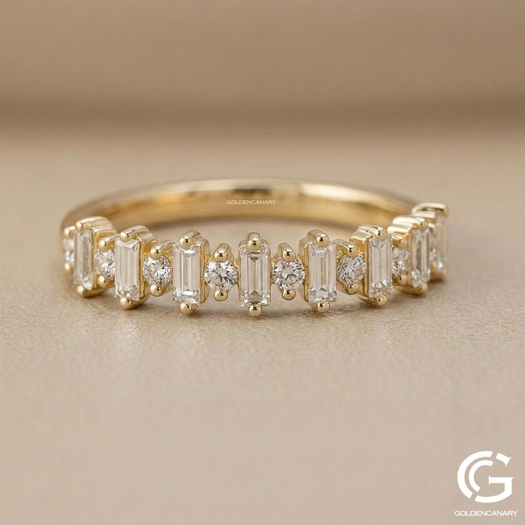 Alternating Baguette and Round Diamond Wedding Band, 14k Yellow Gold ...