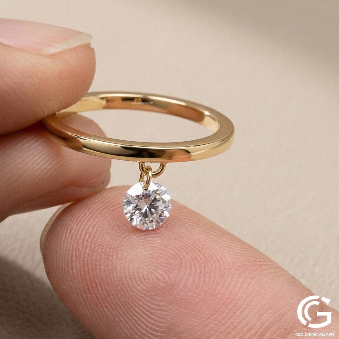 Dainty Dangle Diamond Ring, 14k Gold Charm Ring, Round Cut Dangling ...