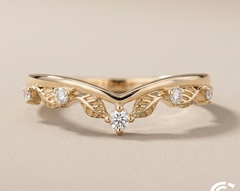 リーフモアッサナイト結婚指輪 ゴールド カーブ ナチュラルインスパイア結婚指輪 ユニークなV字型ブランチリング 繊細な植物のつるバンド 記念日