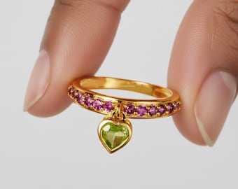 Heart Peridot Dangle Ring in 14K Gold, Pink Sapphire Eternity Band, Floating Heart Charm Ring, Green Gemstone Jewelry, Romantic Gift for Her