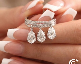 3 Stone Pear Dangle Ring, 14K White Gold Pavé Diamond Band, Teardrop Charm Ring, Unique Bridal Jewelry, Statement Engagement Ring