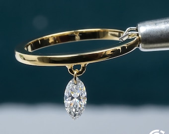 18Kソリッドゴールドダングルマーキスリング、繊細なドロップチャームリング、ミニマリストスタッキングリング、繊細なダイヤモンドチャームリング、彼女へのギフト