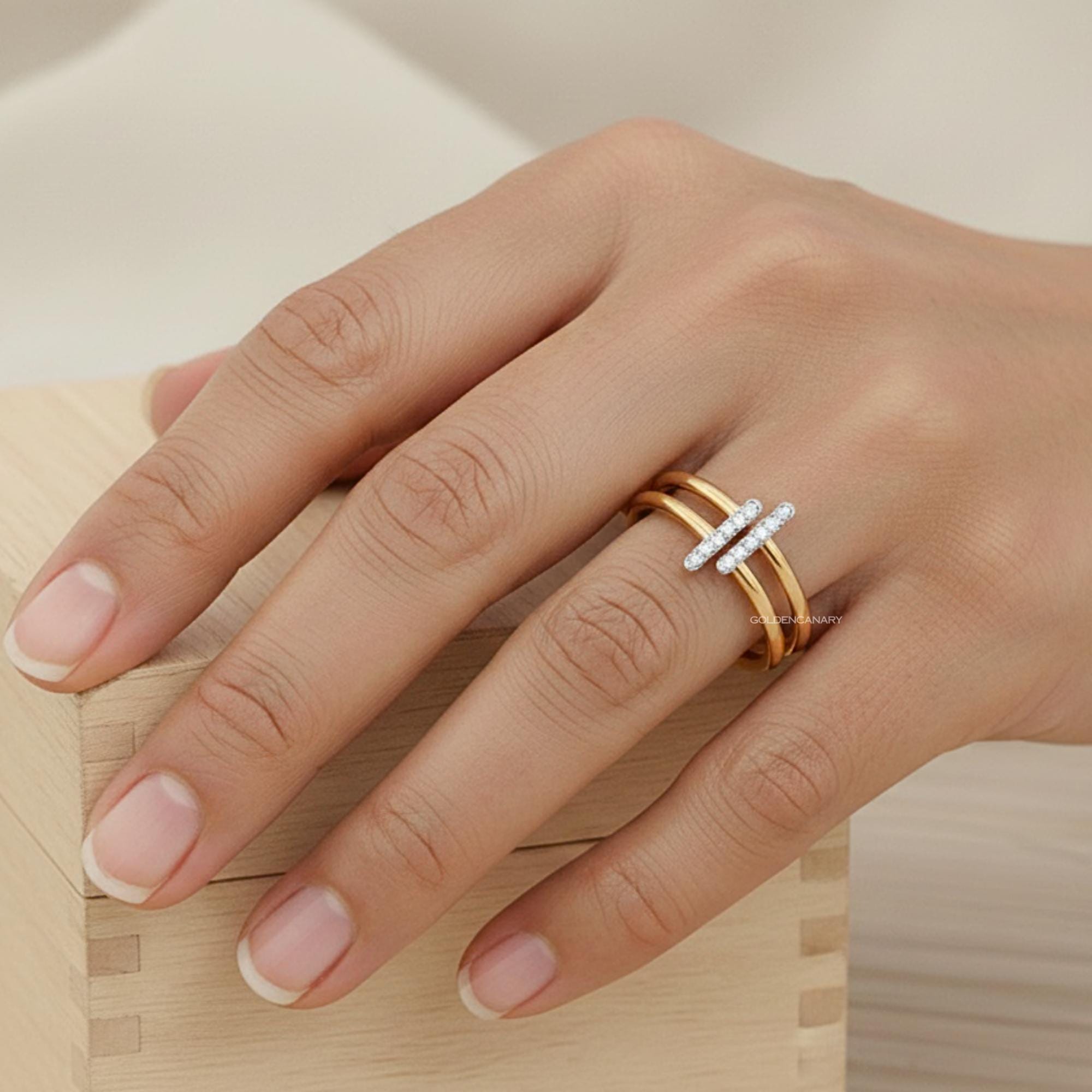 Parallel Rings Double Band Bar Ring in 14K Gold Minimalist Diamond Parallel Ring Two ...
