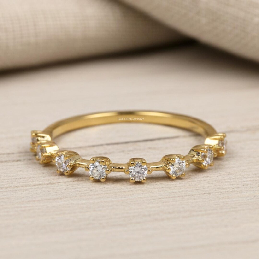 14K Gold Diamond Half Eternity Ring Dainty Diamond Wedding Band Crown ...