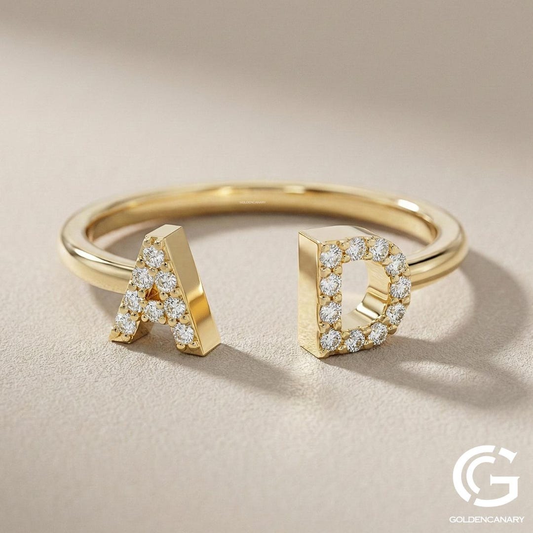 Two Letter Open Ring, Custom Pave Initial Ring, 14k Gold Personalized ...