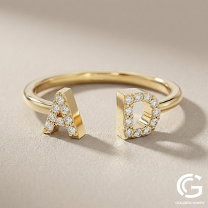 Öppen ring med två bokstäver, personlig initialring med pavemotiv, personlig dubbel initialring i 14k guld, läcker namnring, jubileumspresent till henne