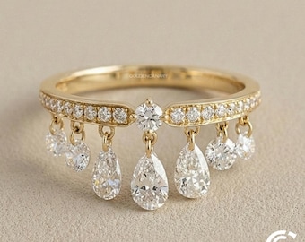 Moissanite Fringe Ring, Pear Shaped Dangling Charms, 7 Dangle Drops, 14K Yellow Gold Statement Ring, Engagement Ring