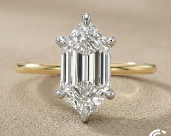 Elongated Hexagon Cut Moissanite Engagement Ring, Dutch Marquise Diamond Ring, 14K Gold Hidden Halo Solitaire, Unique Step Cut Wedding Ring