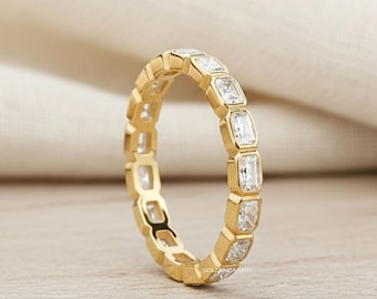Radiant Cut Diamond Eternity Band 14K Gold Bezel Set Wedding Band East West Radiant Moissanite Ring Half Bezel Stackable Band Anniversary