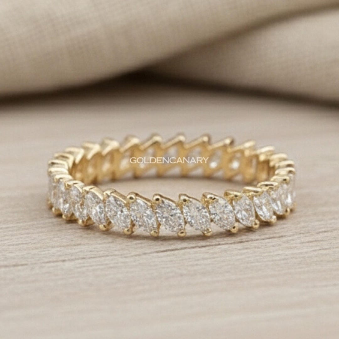 Marquise Diamond Eternity Band, 14K Gold Slanted Marquise Wedding Band ...