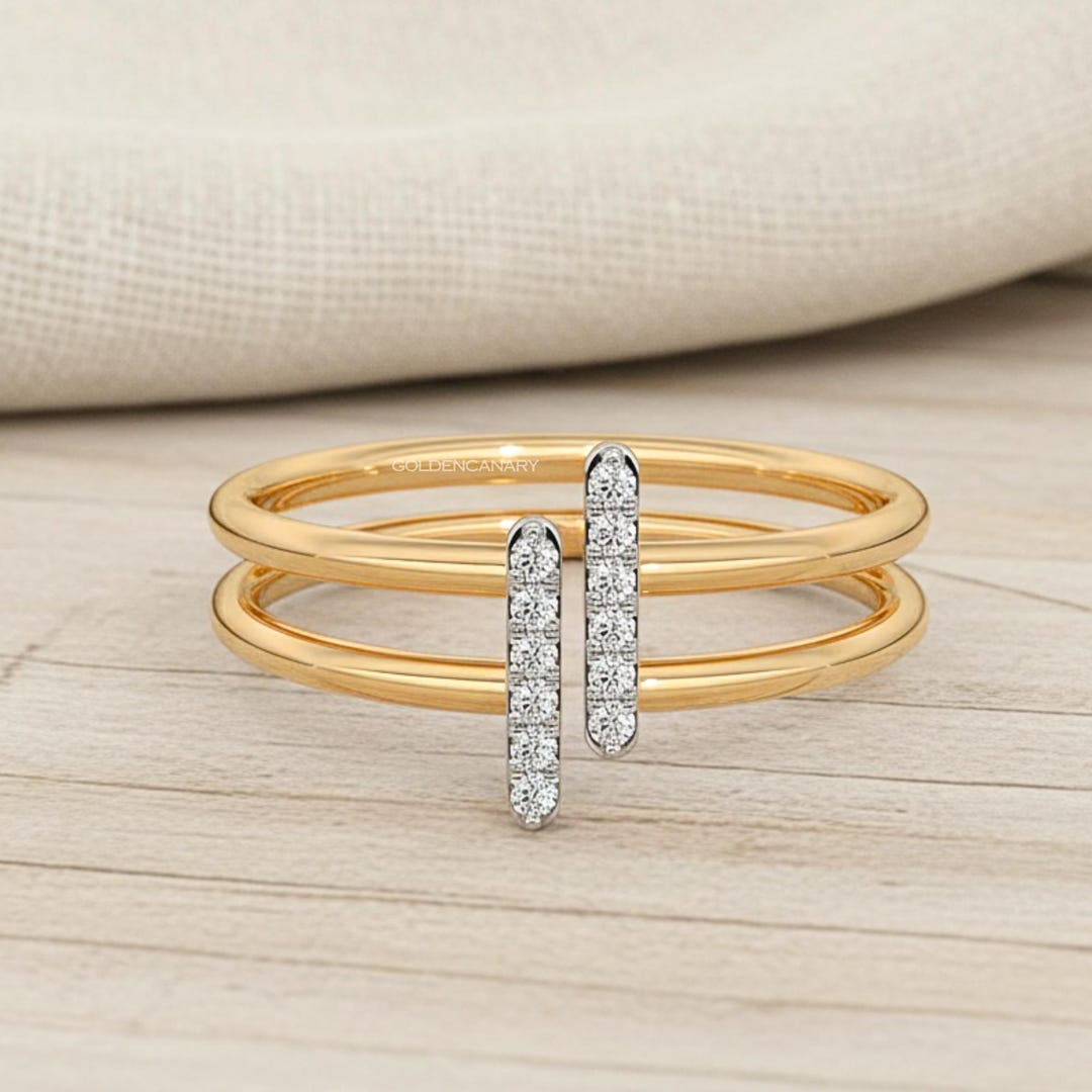 Parallel Rings Double Band Bar Ring in 14K Gold Minimalist Diamond Parallel Ring Two ...