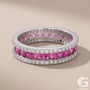 Obrączka Eternity z różowym szafirem, obrączka ślubna z 3 rzędami diamentów, szeroka obrączka rocznicowa, solidny pierścionek z białego złota 14k