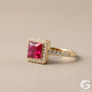 Square Cut Red Ruby Engagement Ring 14k Yellow Gold Halo Ring  Princess Cut Gemstone Promise Ring  Anniversary Gift for Her  Cocktail Ring
