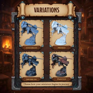 May include: An image showcasing four miniature figure variations: assembled, primed, drybrush, and painted. Each figure is a warrior with a sword, posed on a rocky base. The text "VARIATIONS" and "Choose how your miniature begins its journey" are also displayed.