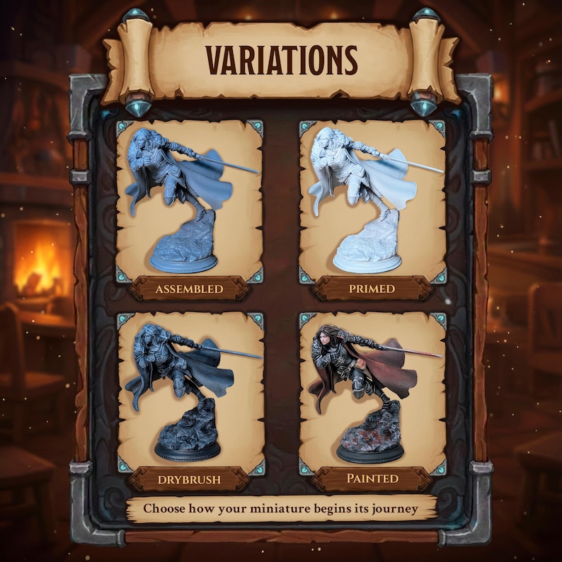 May include: An image showcasing four miniature figure variations: assembled, primed, drybrush, and painted. Each figure is a warrior with a sword, posed on a rocky base. The text "VARIATIONS" and "Choose how your miniature begins its journey" are also displayed.