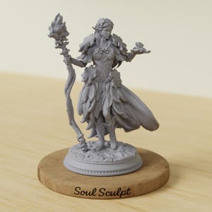 May include: A gray figurine of a female elf, holding a staff and a small object, standing on a wooden base. The elf is wearing a detailed dress and has long ears. The base has the text "Soul Sculpt".