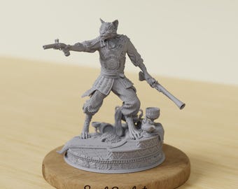 May include: A gray figurine of a cat-like warrior holding two guns, standing on a decorative base. The base is set on a round wooden platform. The text "Soul Sculpt" is at the bottom.