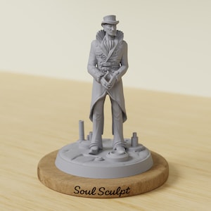 May include: A gray sculpture of a man in a long coat and top hat, standing on a circular base. The base is set on a wooden stand. The text "Soul Sculpt" is printed on the wooden stand.