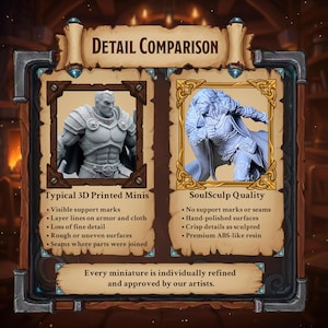 May include: A comparison graphic showcasing the detail differences between typical 3D printed miniatures and SoulSculp Quality miniatures. The image highlights the superior quality of SoulSculp miniatures, emphasizing hand-polished surfaces and crisp details.