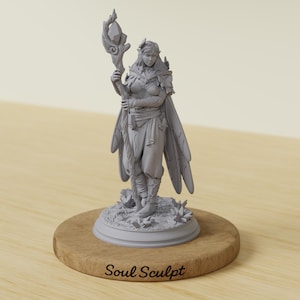 May include: A gray fantasy figurine of a female character with a staff and wings, standing on a wooden base. The figurine is detailed with armor, a flowing cape, and a crown. The base has the text "Soul Sculpt".