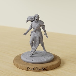 May include: A grey unpainted resin miniature figure of a warrior with long flowing hair and an open mouth expression. The figure stands on a circular stone-textured base, which is mounted on a round wooden display stand labeled Soul Sculpt.