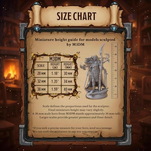 May include: A size chart for miniature models by M3DM. The chart includes a table with scale, height in inches, and height in millimeters. A miniature figure is shown next to a ruler. The text reads, "If you seek a precise measure for your hero, send us a message."