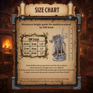 May include: Size chart for DM Stash miniature models. Includes a height guide with measurements in inches and millimeters. The chart shows a miniature figure with a ruler for scale. Text on the chart includes "Miniature height guide" and "DM Stash".