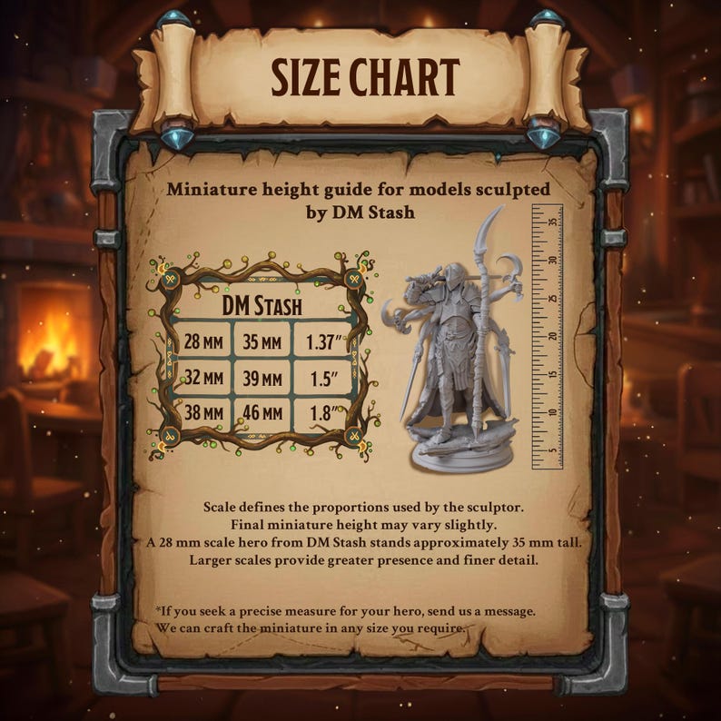 May include: Size chart for DM Stash miniature models. Includes a height guide with measurements in inches and millimeters. The chart shows a miniature figure with a ruler for scale. Text on the chart includes "Miniature height guide" and "DM Stash".