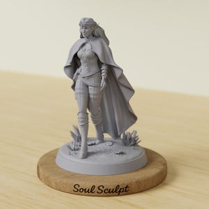 May include: A gray fantasy figurine of a woman in a cape and armor, standing on a wooden base. The figurine has long hair and is wearing a corset and pants. The base has the text "Soul Sculpt".
