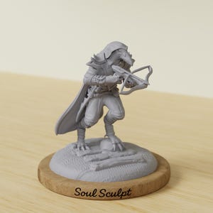 May include: A gray figurine of a humanoid bird-like creature holding a crossbow, standing on a textured base with the text "Soul Sculpt" on a wooden base. The figure is wearing a hooded cloak and armor.