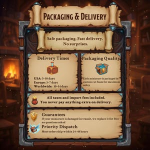 May include: A digital graphic with the text "PACKAGING & DELIVERY" at the top. The graphic details delivery times, packaging quality, guarantees, and priority dispatch. The text is displayed on parchment-like scrolls within a decorative frame.