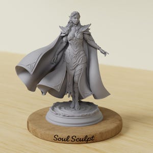 Könnte beinhalten: Eine graue Harzfigur eines stehenden Elfencharakters mit verzierter Rüstung und einem fließenden Umhang. Die Figur ist auf einem runden Sockel montiert, auf dessen Vorderseite der Text Soul Sculpt eingraviert ist. Die Figur hat langes Haar.