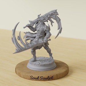 May include: A gray figurine of a knight in full armor, wielding a large sword and a smaller blade. The knight stands on a textured base, mounted on a wooden disc. The text "Soul Sculpt" is visible on the base.