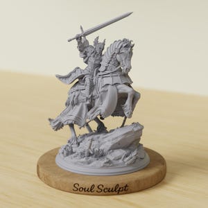 May include: A grey sculpture of a knight on horseback, raising a sword. The knight is in detailed armour, and the horse has elaborate tack. The sculpture is mounted on a wooden base with the text "Soul Sculpt".