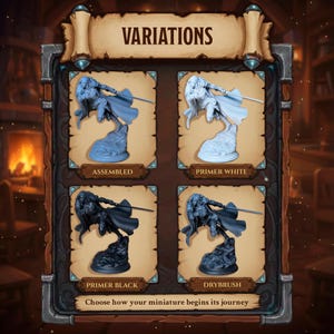 May include: An image showcasing miniature figure variations. The top banner reads "VARIATIONS." Four options are displayed: "ASSEMBLED" in blue, "PRIMER WHITE," "PRIMER BLACK," and "DRYBRUSH." Each option features a detailed figure with a sword, standing on a rocky base.