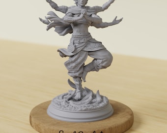 May include: A gray sculpture of a figure with multiple arms, in a dynamic pose, standing on a detailed base. The sculpture is mounted on a round wooden base. The text "Soul Sculpt" is visible on the wooden base.