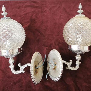 Title: Vintage Wall Sconce Pair 1960s Glass Globe Lights Diamond Cut Chrome Mid Century Modern Hollywood Regency