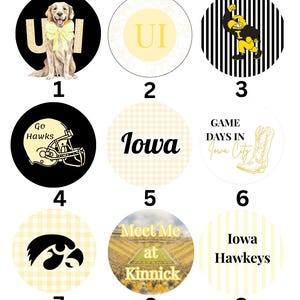 May include: A set of nine circular stickers featuring Iowa Hawkeyes themes. Designs include a golden retriever with a yellow bow, the letters UI, a mascot, a football helmet with Go Hawks, the word Iowa, a cowboy boot, a bird logo, a stadium, and text.