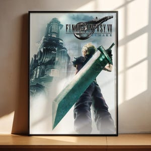 May include: A framed poster featuring the Final Fantasy VII Remake logo at the top. The artwork displays a character with spiky blonde hair seen from behind, carrying a large, oversized sword on their back, standing before a tall, dark industrial tower.