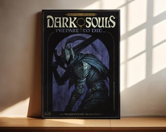 Könnte beinhalten: Ein gerahmtes vertikales Poster mit dem Artwork des Videospiels Dark Souls Prepare to Die. Das Bild zeigt einen Ritter in dunkler Rüstung, der ein großes Schwert vor einem violetten Hintergrund hält, mit dem Text Dark Souls Prepare to Die.
