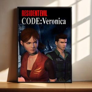 Peut inclure: Une affiche encadrée présentant l'illustration du jeu vidéo Resident Evil CODE: Veronica. L'image montre deux personnages, l'un portant un gilet rouge et l'autre un gilet tactique sombre avec le texte R.P.D. S.T.A.R.S., sur un fond sombre.