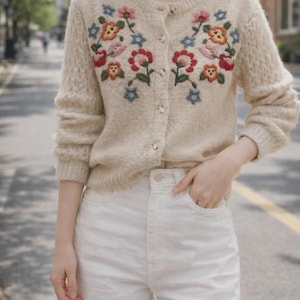 レディース 花柄刺繍ニットカーディガン | ソフトで心地よいフィット感