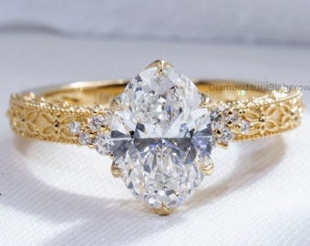 Anillo de compromiso vintage con diamantes ovalados cultivados en laboratorio, anillo de oro con filigrana, anillo de aniversario de estilo antiguo con milgrain para ella, anillo de bodas hecho a mano.