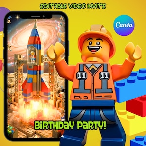 Può includere: Un invito digitale per una festa di compleanno con una scena di lancio di razzi sullo schermo di uno smartphone. Una figura in stile Lego con gilet arancione e casco è accanto al telefono. Le parole "BIRTHDAY PARTY!" sono visualizzate.