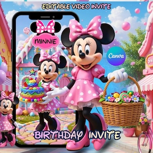Convite de aniversário da Minnie, vídeo de aniversário com tema de sorvete, convite para menina com laço rosa e ratinho, festa de desenho animado, convite animado e editável.